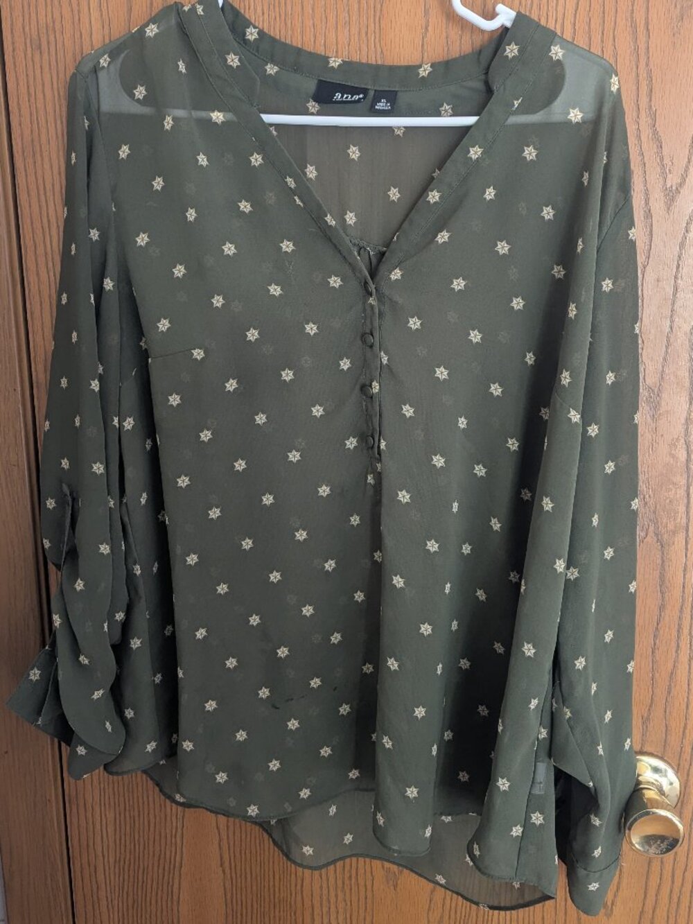 a.n.a. Semi Sheer Half Button Whimsy Celestrial Starburst Green Blouse Top-XL